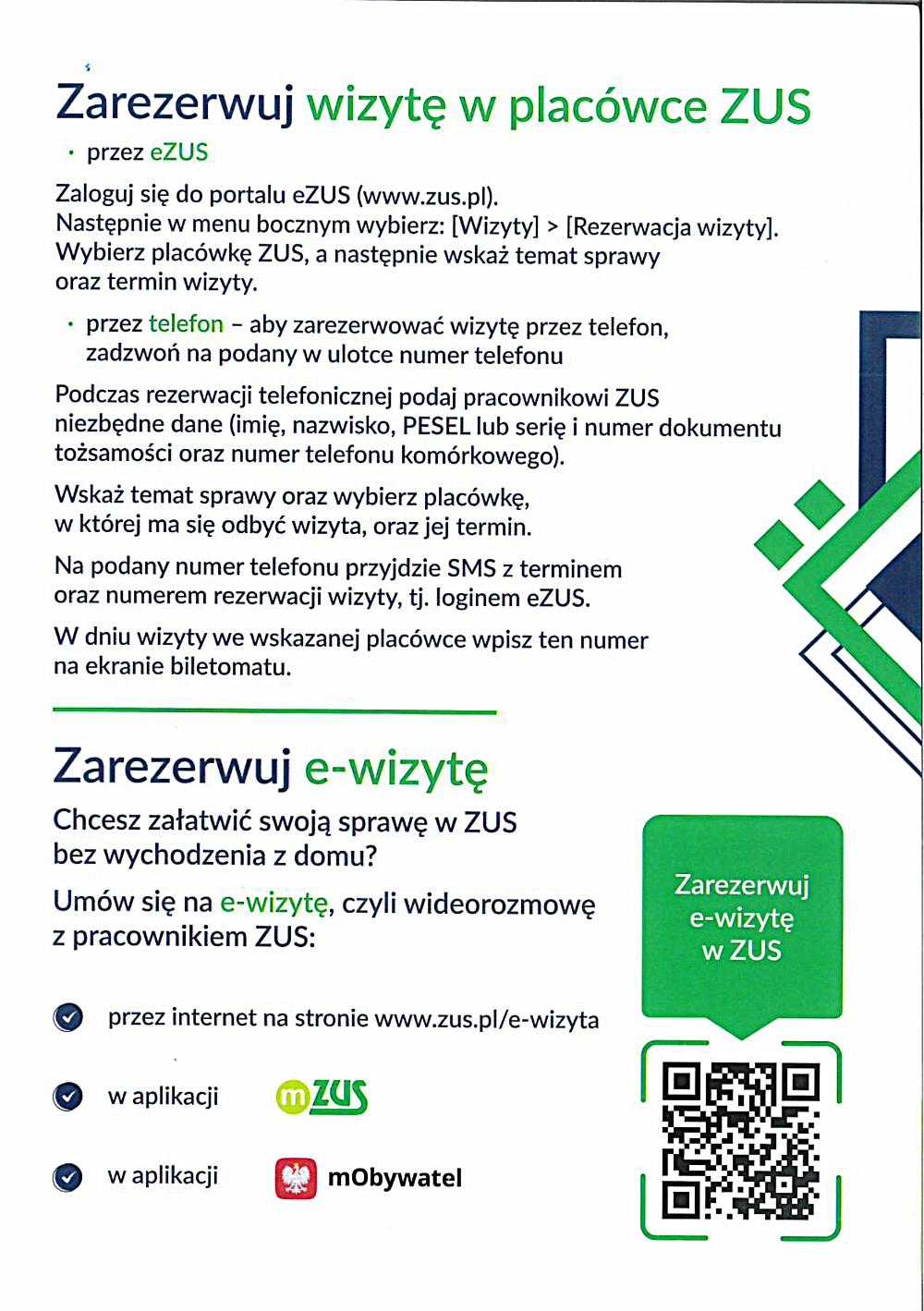 Ulotka ZUS z informacjami o rezerwacji wizyt stacjonarnych i e-wizyt. Zawierają instrukcje zapisów, dane kontaktowe oraz kody QR do rezerwacji terminu.